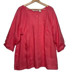 David Brooks 100% Linen Sz 1X Coral Pink Pintuck Blouse Top Breathable Coastal